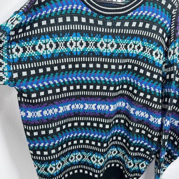 Vintage Geometric Grandpa Sweater Teal White Black Geometric Eclectic Size Large - Picture 3 of 7